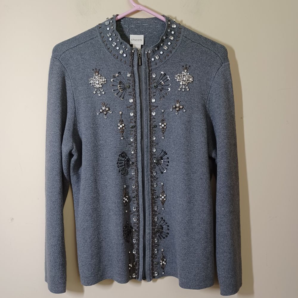 Chico's Beaded Heather Gray Zip Front Cardigan